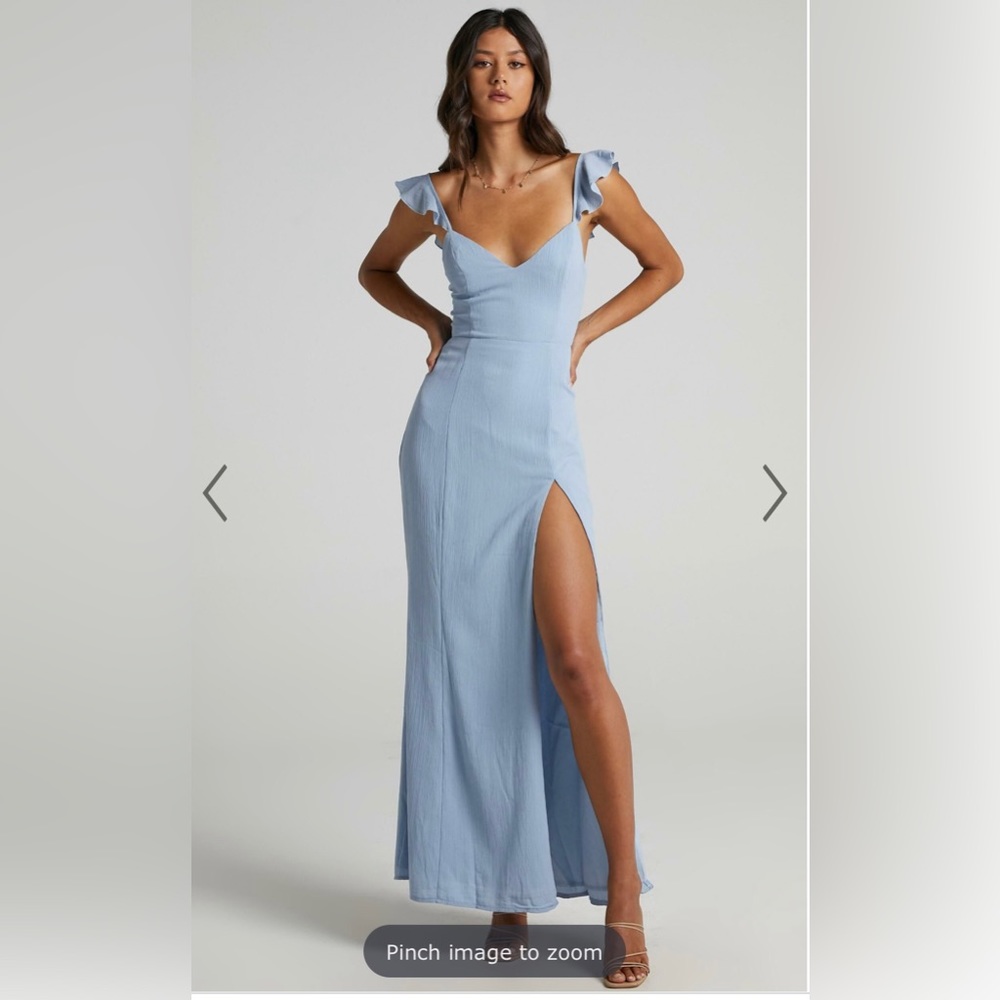 MORE THAN THIS MIDAXI DRESS - RUFFLE STRAP THIGH SPLIT DRESS IN LIGHT BLUE